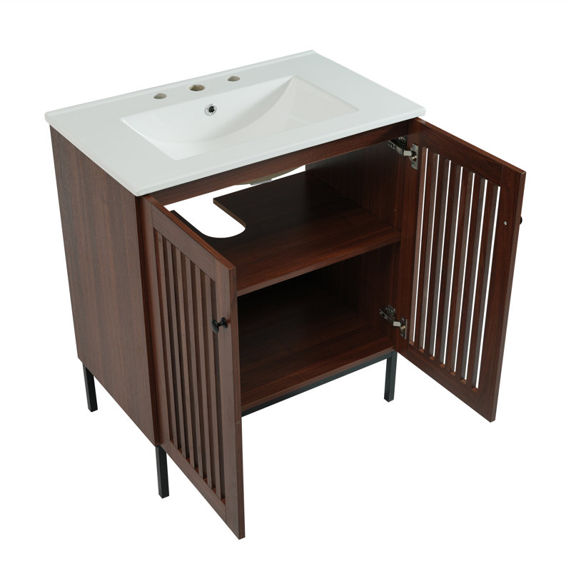 Meuble-lavabo de salle de bain rétro 30 po avec lavabo en céramique, meuble-lavabo moderne avec 2 portes à fermeture en douceur (conception de clôture) et grand espace de rangement, équipé de 4 pieds en fer robustes