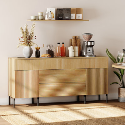 63" Wooden Reeded Sideboard With Built-In Charging Station, 3-In-1 Modern Credenza Storage Cabinet For Kitchen, Dining Room