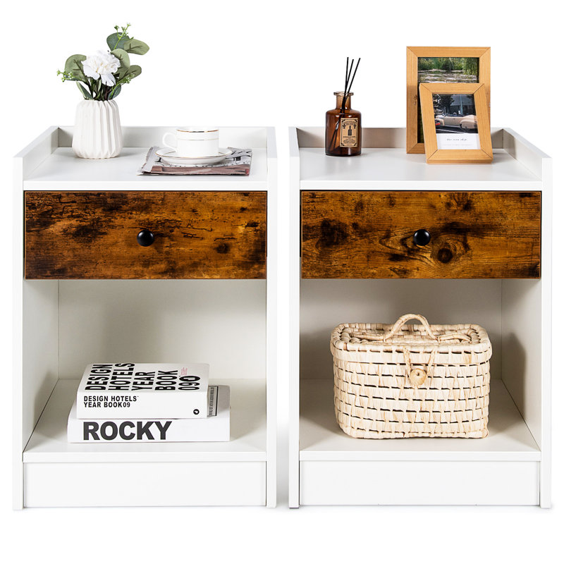 Hamna Floor Shelf Side Table Set, White/Walnut