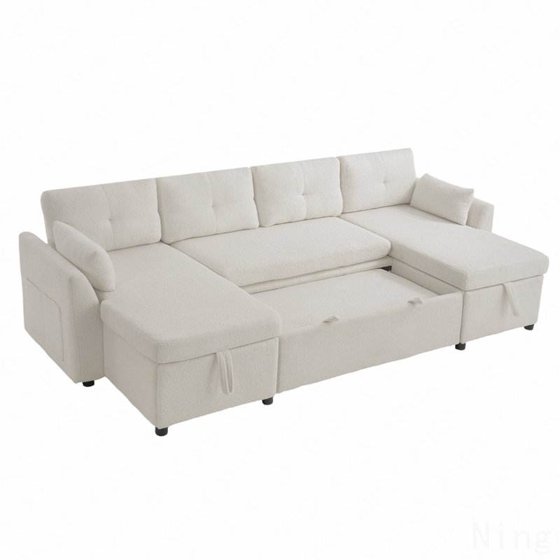 Canapé-lit modulaire en U de 107 po avec revêtement en tissu Teddy et méridienne double Xylo, Beige