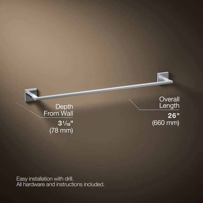 Square Towel Bar, Polished Chrome, 24"W