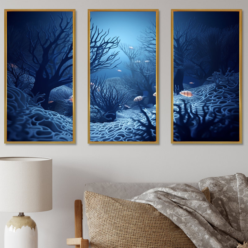 «Blue and Black Underwater World - Coastal Coral Under Water», ensemble d'art sur toile, Cadre flottant doré