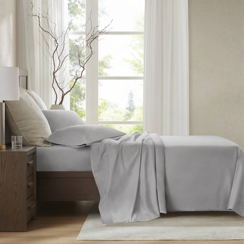 4 Pieces Sateen Sheet Set, Gray, Queen Sheet Set with 2 Pillowcases