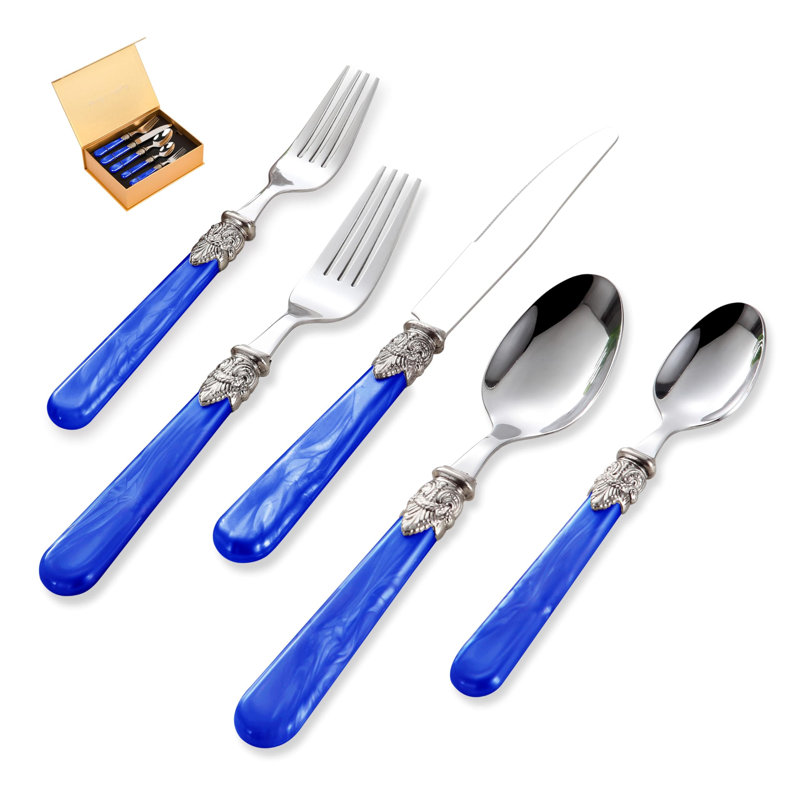 Service de couverts en acier inoxydable 20 pièces pour 20 personnes, ensemble de 20 pièces avec poignée en acrylique bleu foncé rétro, couverts allant au lave-vaisselle pour une utilisation formelle au quotidien