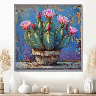 Pink Cactus In Desert Pottery - Floral Cactus Wall Art Print