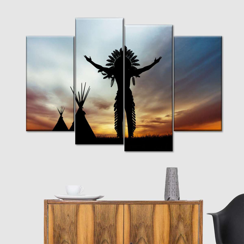 " Chief Native American " 4 - Pieces, 22" H x 36" W x 1.25" D
