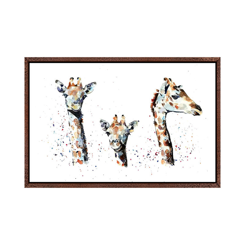 Tres Amigos Giraffees - Painting on Canvas, 101.6 cm H x 66.04 cm W, Classic Brown Wood Framed