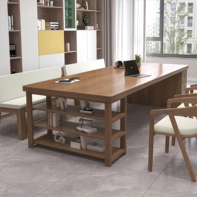 Bureau rectangulaire brun clair en bois massif avec 3 tiroirs