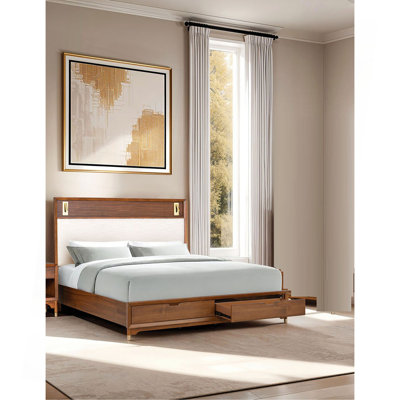 Mid-Century Modern 1Pc Bed W Storage Drawers Solid Wood Upholstered HB Reading Light Bedroom Furniture