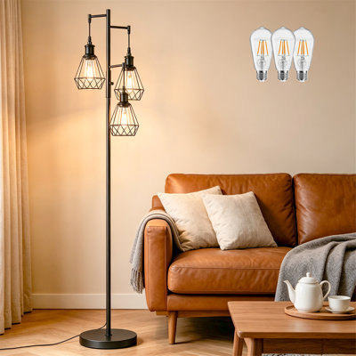 Farmhouse Industrial Dimmable Tree Floor Lamp, Metal Cage Shade, Anti-Tip Weighted Base, Vintage Edison LED Bulbs, Tall Corner Lamp for Living Room Bedroom & Study Office
