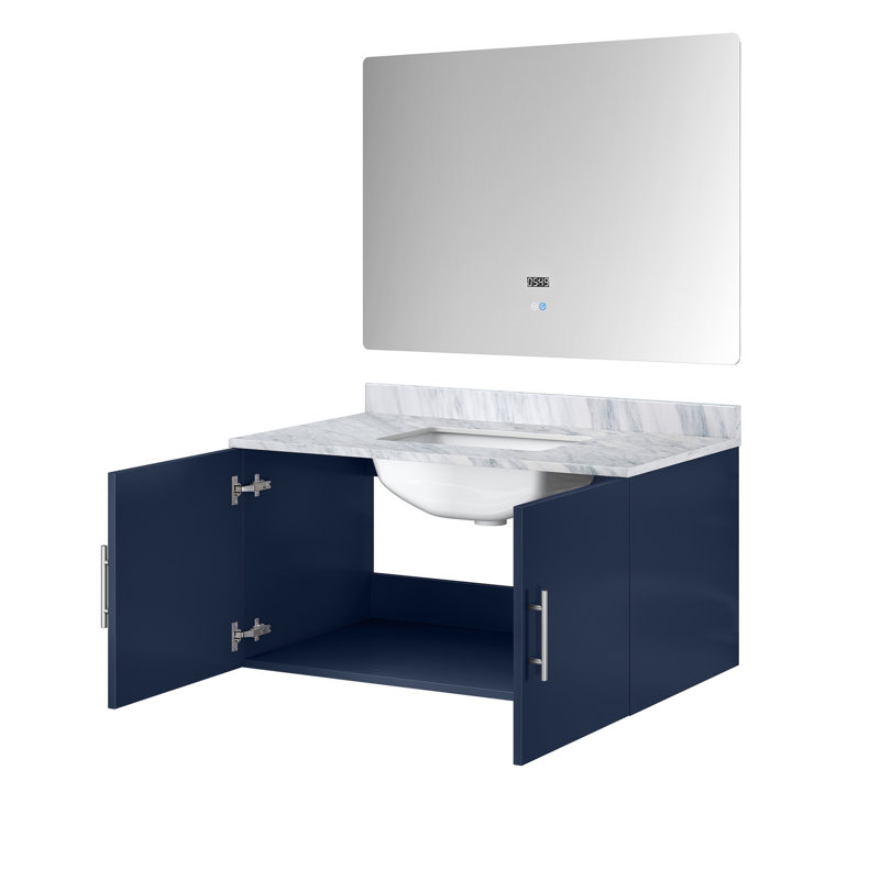 Meuble-lavabo bleu marine avec comptoir en marbre et miroir de 91 cm (36 po) - Construction robuste, grand espace de rangement, système de fermeture amortie, grande durabilité, tablette