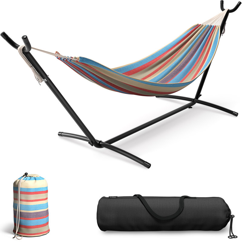Double Adjustable Cotton Hammock with Stand, Blue/Red