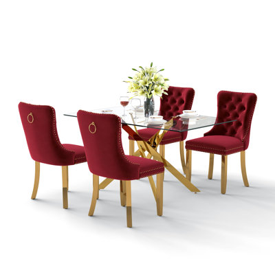 Rectangle Tempered Glass Dining Table Set, Luxury Dining Table with Tufted Velvet Dining Chair for Dining Room