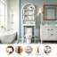 Armoire de rangement arquée au-dessus de la toilette avec 2 portes coulissantes et tablette réglable anti-basculement, blanc-130624471