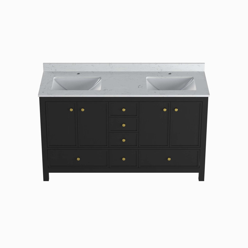 Meuble-lavabo double avec portes et tiroirs, Noir, 59"
