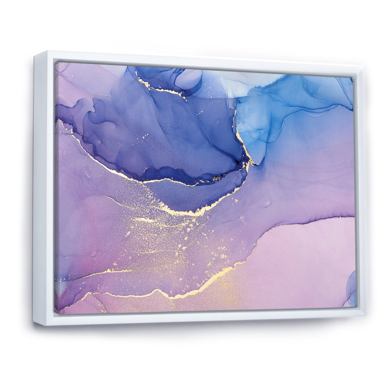 «Pink and Blue Ink Clouds III», peinture sur toile, H 12 po x l 20 po, Cadre flottant blanc
