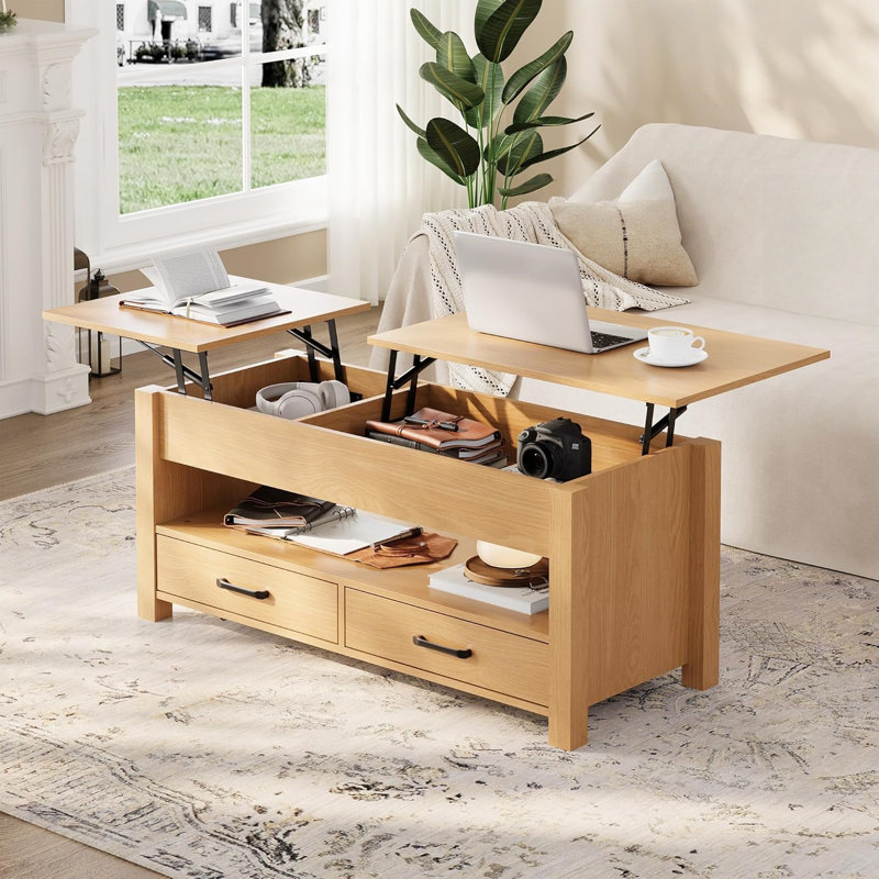 Table basse avec plateau relevable, table basse convertible avec plateau relevable en bois, 2 tiroirs et compartiment caché, table centrale avec rangement pour le bureau à domicile