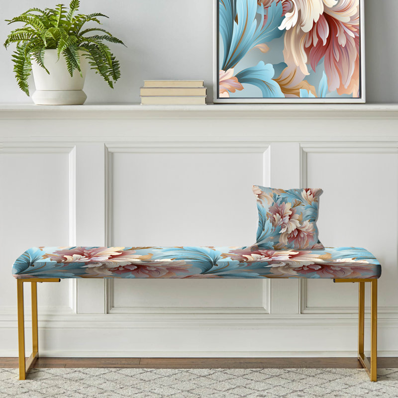 Banc damassé rose et bleu à motif de damas en fleurs