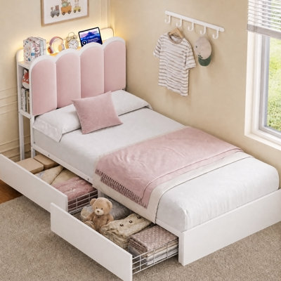 Upholstered Platform Bed Frame With Hidden Storage Headboard & 2 Drawers, Storage Bed With LED Lights and Charging Station