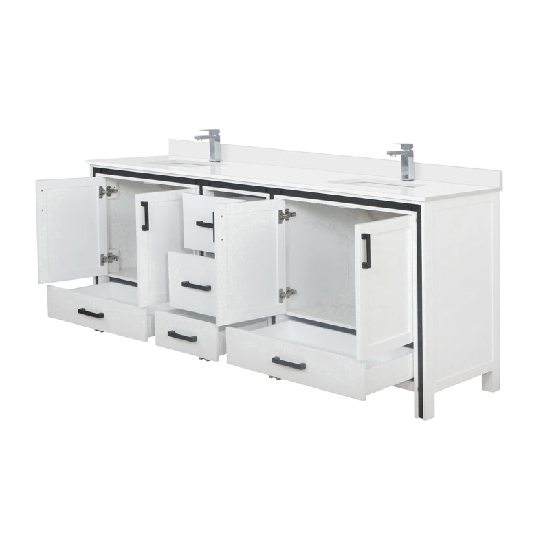 84 po L x P 22 po Meuble-lavabo blanc avec comptoir Scratch - comptoir en quartz et robinet - rangement à fermeture en douceur pour les fournitures de salle de bain