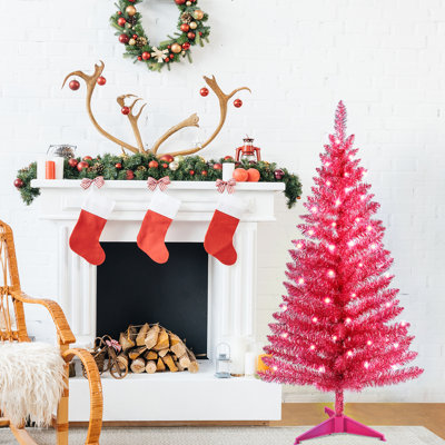 Arbre de Noël artificiel rouge de 4 pieds avec 50 lumières et 122 pointes pour la décoration d'un dortoir ou d'une table dans un petit bureau