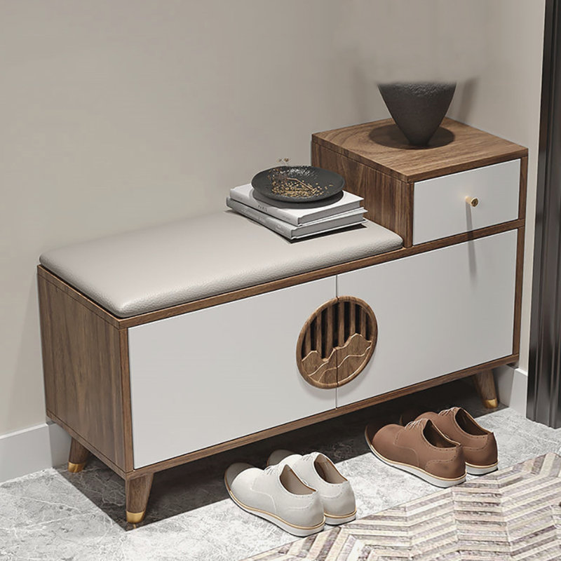 Banc de rangement pour chaussures 35,4 po, Blanc / noyer clair