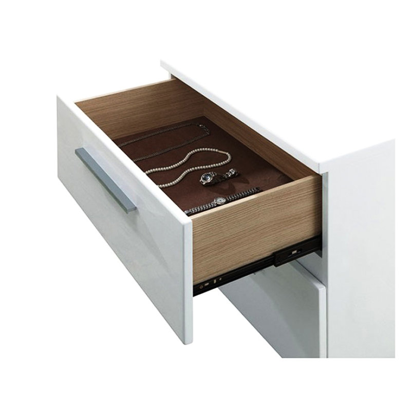 Table de chevet 2 tiroirs blanc brillant avec glissières et poignées en bois massif