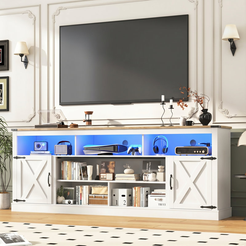 82.7" Farmhouse TV Stand for TVs Up to 90 Inch, 31.7" Tall Media Entertainment Center with Storage Cabinets & Cable Management for Bedroom
