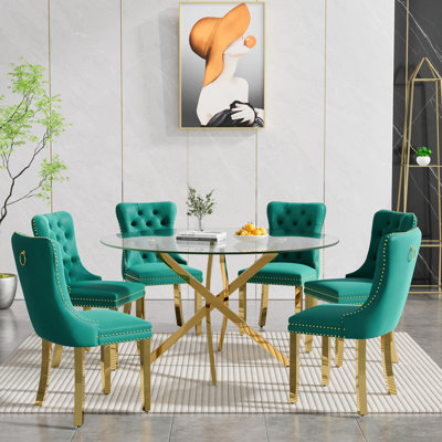 47" Round Glass Dining Table Set for 6 with Upholstered Chairs, 7-Piece Dining Room Set for Small Spaces, Kitchen, Living Room
