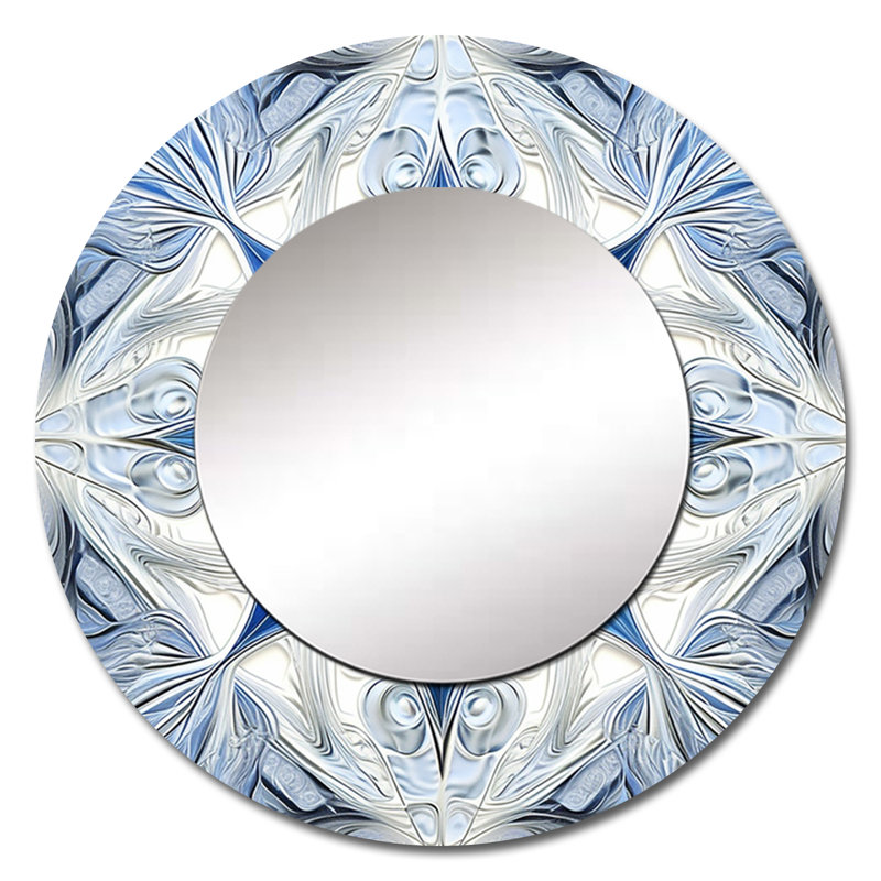Turquoise and White Fractal Flowers I - Geometric Decorative Mirror, Modern Round Wall Mirror, Printed Metal Art, 36" x 36"
