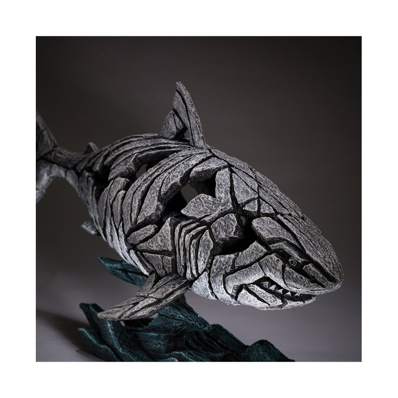Hand-Painted Resin Shark Sculpture with Wave Base, 12.2 Inch