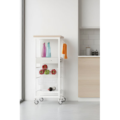Chariot de cuisine Aadhavan avec plateau en orme, 2 paniers, tiroir et porte-bouteilles - Structure en acier blanc