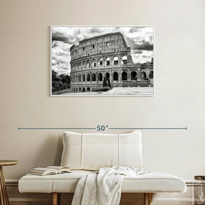 Colisée en noir et blanc, Cadre flottant blanc, 37 po x 25 po