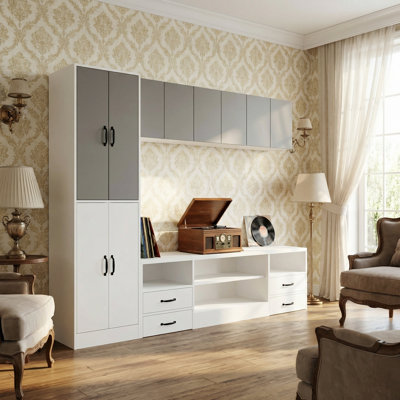 86" Wide Large Media Storage Cabinet With 5 Cabinets, 4 Drawers & 4 Shelves