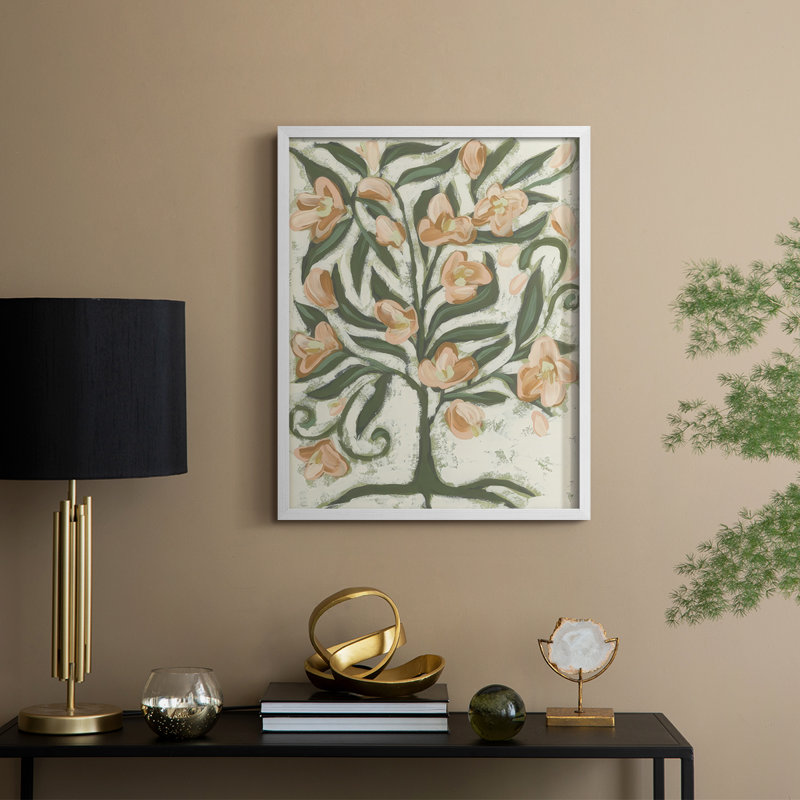 «Folk Peach Blossoms II», reproduction encadrée - bois massif, H 15 po x l 12 po, Blanc