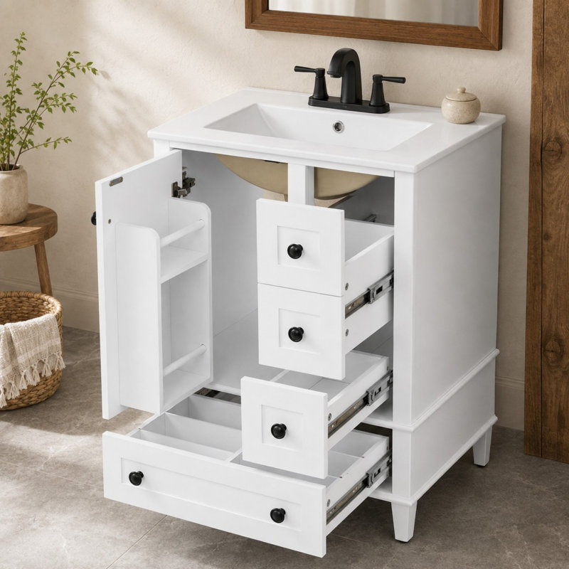 Meuble-lavabo autoportant de 61 cm de largeur avec tiroir compartimenté, rangement sur porte et comptoir en céramique, Blanc
