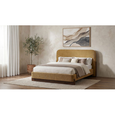 Palmea Queen Upholstered Platform Bed with Rounded Headboard and Slats, Curry and Walnut