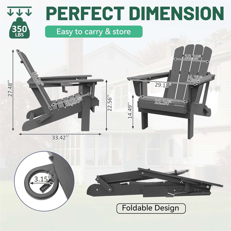 Durable HDPE Adirondack Chairs Set Of 2 With Cup Holders,  For Outdoor Relaxation And Easy Storage, Gray
