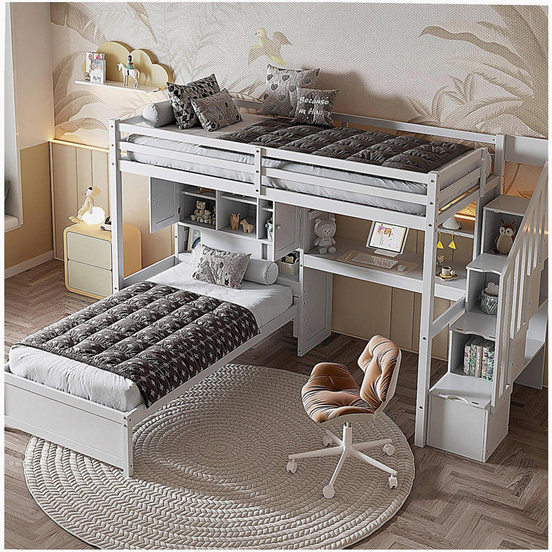 Lit superposé avec lit supérieur avec bureau intégré et échelle, avec espace de rangement et tablettes, Blanc