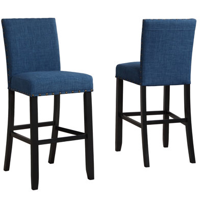 Bar Stools With Blue Linen & Cotton Fabric And Nailhead Trim, 2 - Strong Hardwood, 44"h, 30"h Seat, 16"x23 Of 2 Upholstery, Dark , 16"x23"x44", Seat