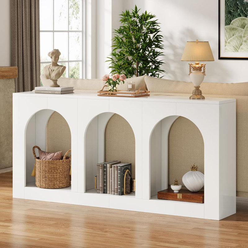 Console ouverte à 3 arches, canapé d'entrée en bois aggloméré blanc de 70,9 pouces avec trois coins de rangement encastrés en arche, table d'appoint classique pour vestibule, salon et canapé derrière