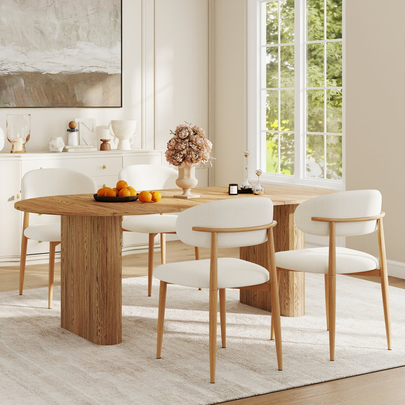 Ensemble table et chaises de salle à manger rectangulaires, style ferme des années 50, avec chaises en lin., Naturel
