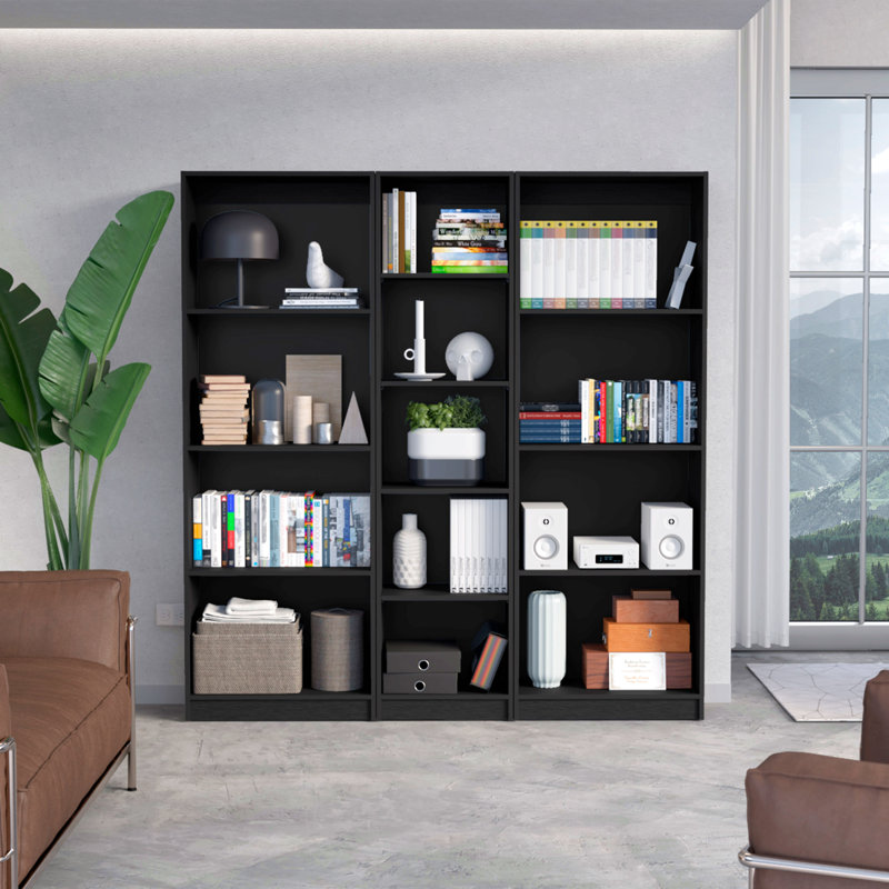 Ensemble de bibliothèque 3 pièces, 67 po de largeur avec 13 tablettes, ensemble de salon, Noir