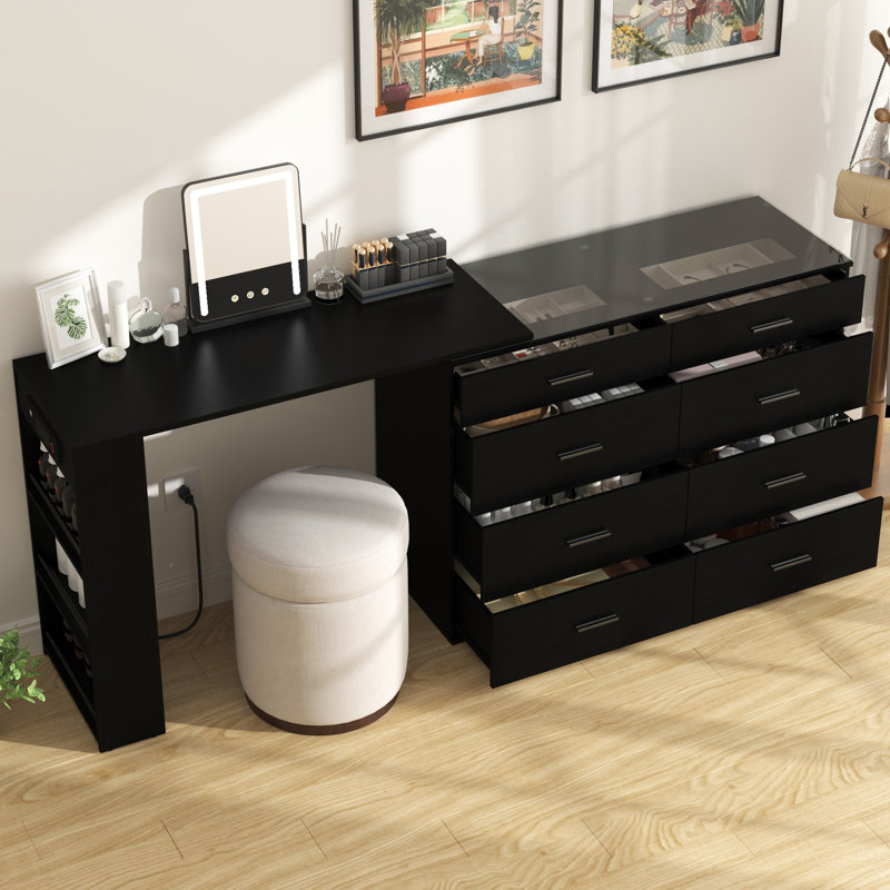 Expandable Makeup Vanity With Glass Display, 8 Drawers And Shelf Storage