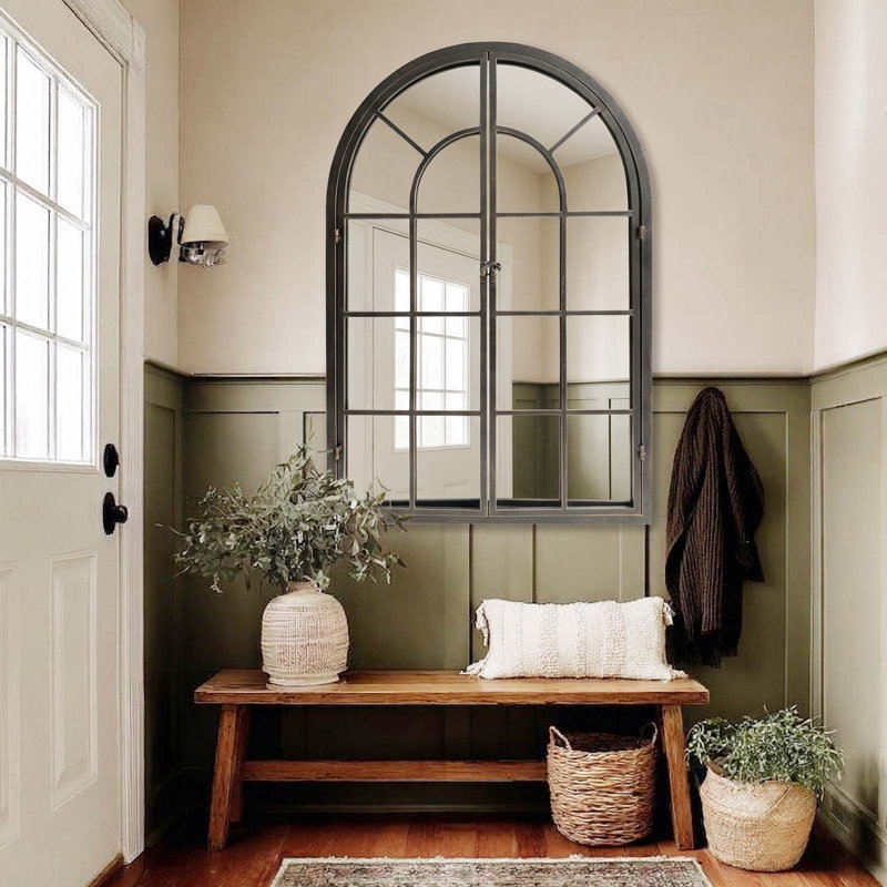36"x24" Arched Window Mirror with Iron Frame,  Windowpane Accent Mirror for Decor Living Room Fireplace Entryway Bedroom Hallway