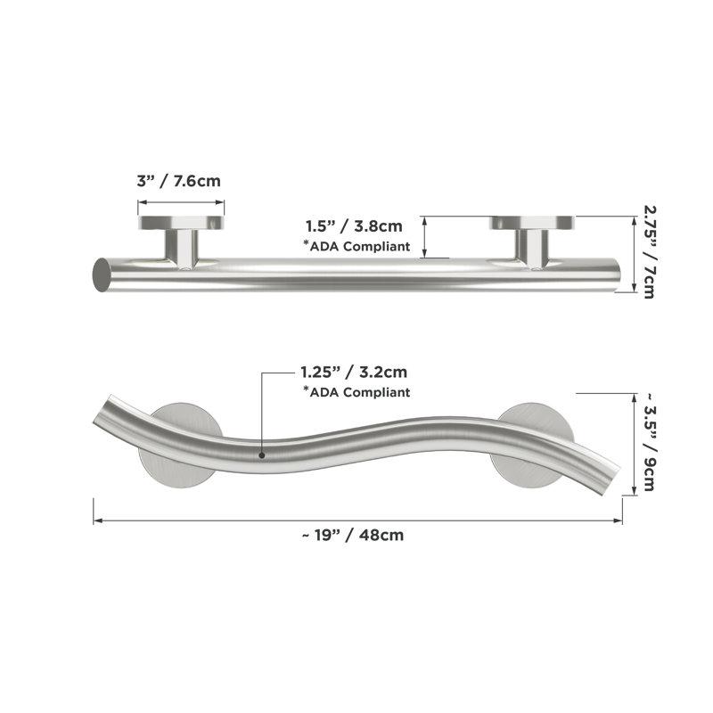 WAVE 18 in. x 1.25 in. Grab Bar, ADA Compliant for Bath and Shower Safety (500 lb. Capacity) in Brushed Stainless, 18