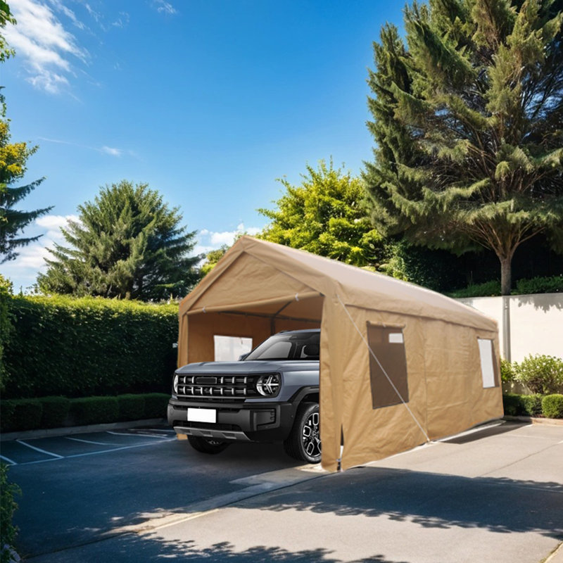 Polypropylene Outdoor Garage Shed Car Canopy Carport, 117.96"H x 146.04"W x 241.80"D, Sand