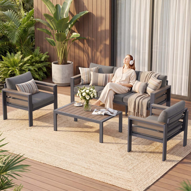 Modular 4 Piece Patio Conversation Set, Aluminum Outdoor Furniture With Thick Cushions, Weatherproof Patio Set For Balcony, Deck