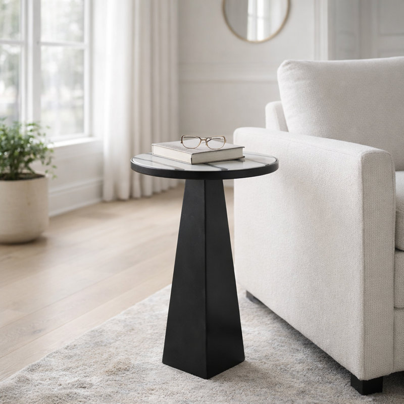 Élégante table d'appoint décorative avec plateau en marbre bicolore pour la décoration intérieure - table de bout ou bureau étroite - 23 po, noir et blanc