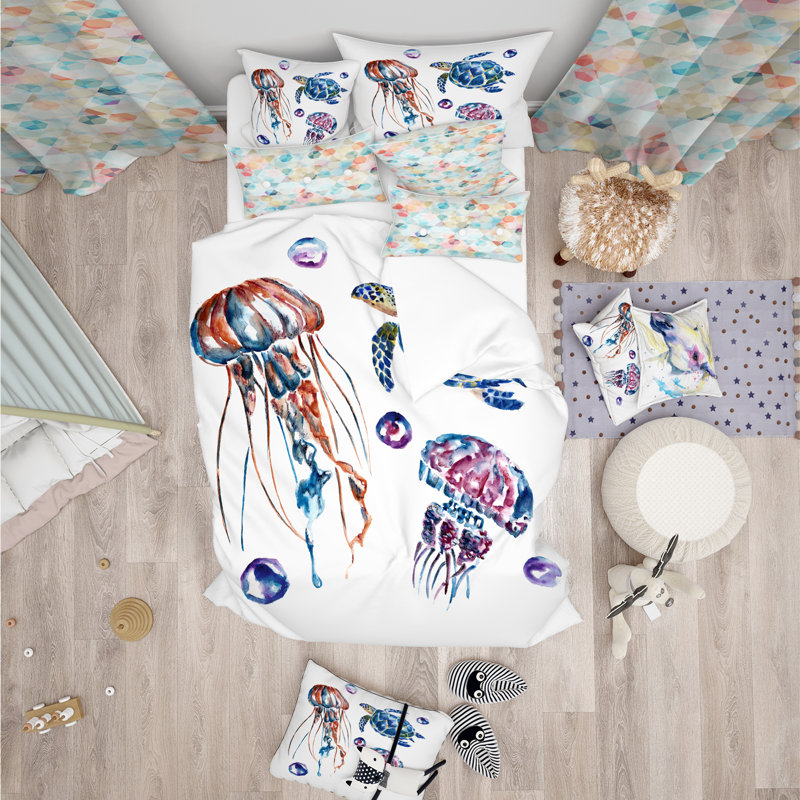 Ensemble de housse de couette colorée jellyfish et tortues designart, Housse de couette grand + 2 taies décoratives
